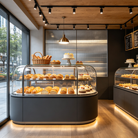 Airy Luxe Bakery & Coffee Market Stall Featuring Glass Display Case, Open Tiered Shelving, and Integrated Warm Lighting