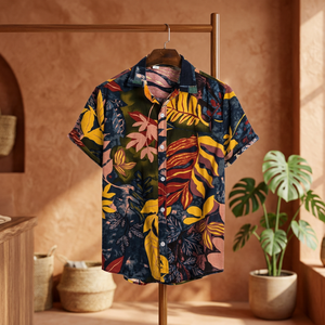 Chemise hawaïenne décontractée pour homme à manches courtes en sergé, imprimé feuilles tropicales noir et vert, respirante et écologique, idéale pour les vacances d'hiver - Product Image 3
