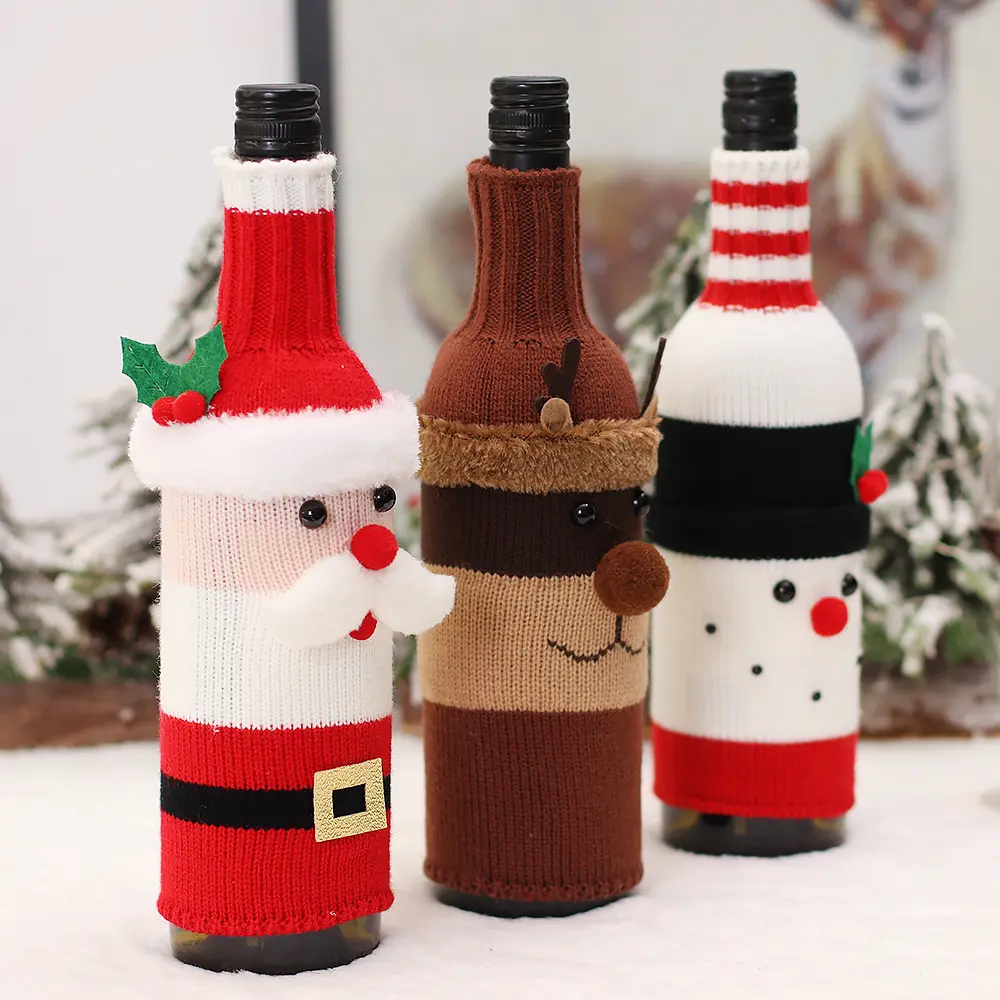 Christmas Decorations Wine Bottles Cover Handmade Sweater Wine Gift Bag Santa Snowman Reindeer Wine Bottle Bag Suit