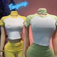 Ensemble décontracté sportif deux pièces XS 2026 pour femme – Tenue d'été avec crop top et short assortis, incluant un bandeau pour cheveux