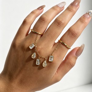 <b>Gold</b> Plated <b>Cocktail</b> <b>Ring</b> With Cubic Zirconia Chain Dangle Women's Glam Party Jewelry - Product Image 4