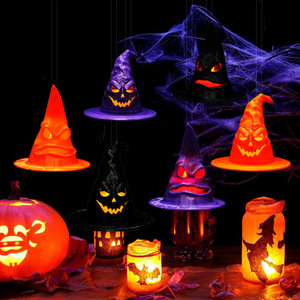Mini chapeau de sorcière d'Halloween avec lumières LED, lampe à visage effrayant qui brille, petite lampe citrouille sorcière, décorations pour fête d'Halloween à la maison - Product Image 1