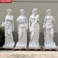 YOUFINE Ensemble de 4 sculptures de déesses des quatre saisons en fibre de verre blanches grandeur nature, sculptées à la main, statues de femmes aux motifs floraux et fruitiers avec piédestal