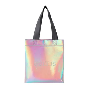 2023 nuova borsa regalo iridescente con glitter riutilizzabile in argento non tessuto metallizzato shopping bag per abbigliamento