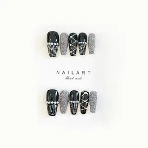 Coffin High Quality Gel Press On Nails Black With Rhinestones Design Full Cover Artificial Handmade Wear Nail