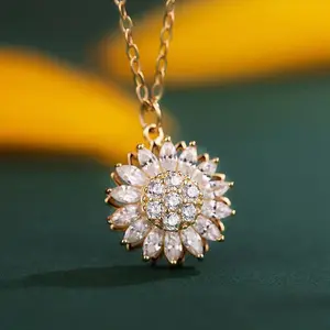 New Double-layer Rotating Sunflower Pendant Necklace Stainless Steel Zircon Spinning Flower Necklace For Women