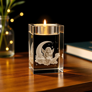Small Bridge Wholesale Hot Sell Block Rectangle DIY Custom Clear Laser Engraving 3D Angel Blank Crystal Candle Holder Ornaments