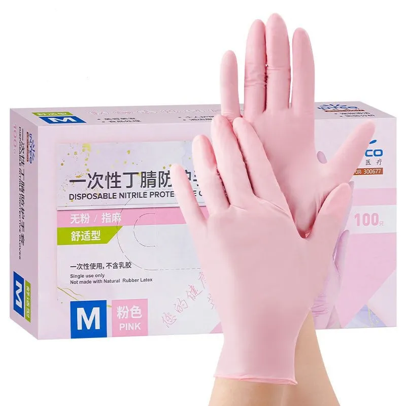 Sarung tangan Nitrile 50/100 buah sarung tangan kerja tangan karet sekali pakai bebas alergi bebas bubuk ungu merah muda Kecantikan dapur