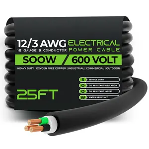 25FT 12/3 12 AWG Portable Power Cable SOOW 600V 12 Gauge Electric Wire for Motor Leads, Portable Lights, Battery Chargers