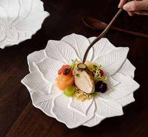 Wholesale 3D Embossed Leaf Shaped Ceramic Plates, Pure White Irregular Dinnerware Bulk Custom Logo for Wedding & Hotel Banquet - Product Image 4