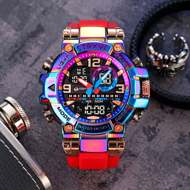 STRYVE 8025 Multi Functional Dual Display Luminous Digital Wristwatch Waterproof Silicone Strap Watch Colorful Sports Watches