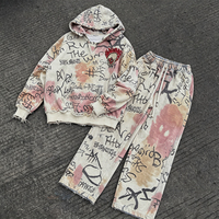 Ensemble sweat à capuche et pantalon de survêtement pour homme, personnalisé par fabricant OEM, avec strass, motif graphique vieilli, style graffiti et tie-dye