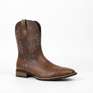 Botas Vaqueras Marrones a Media Pantorrilla, Estilo Occidental, Parte Superior de PU Artificial, Punta Redonda, Suela de Goma, Sin Cordones, Otoño - Product Image 1