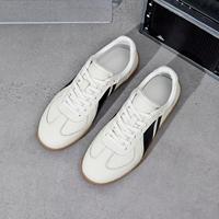 Sepatu Sneakers Kulit Asli Pria Retro Low Top, Sepatu Kasual Garis Samping Hitam, Sol Karet Gum Dot Tread, Alas Kaki Jalan Kaki Grosir