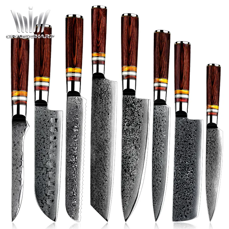 Cuchillos de cocina japoneses Grandsharp, Chef de acero de Damasco, Kiritsuke, deshuesado de pan, Santoku, cuchillo de utilidad para rebanar, herramientas de cocina