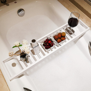 Étagère de bain en bambou blanche à 1 niveau, plateau de bain amovible pour rangement dans la baignoire - Product Image 4