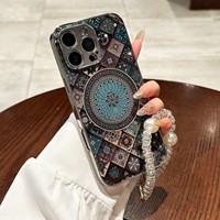 Coque de téléphone portable antichoc en TPU+PC motif lotus bleu vintage avec cordon pour 15 Pro Max/17/16/14/13/12