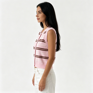 <span class=keywords><strong>Cardigan</strong></span> Casual Senza Maniche a Righe, Gilet Estivo da <span class=keywords><strong>Donna</strong></span> Rosa <span class=keywords><strong>Marrone</strong></span> con Bottoni e Collo Tondo, Maglieria - Product Image 3