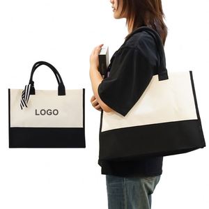 Reusable <b>Black</b> White <b>Canvas</b> <b>Tote</b> <b>Bag</b> with Striped Ribbon Custom Logo for Gift Shopping Promotion - Product Image 5