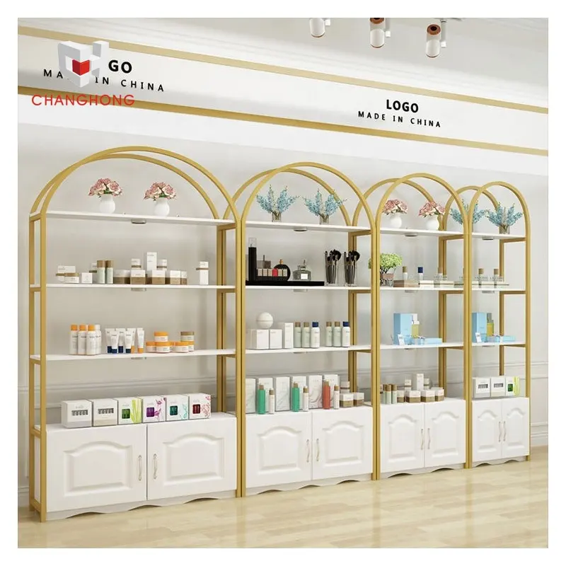 China wholesale gold makeup display shelf with cabinet cosmetic store display stand for skin care beauty shop
