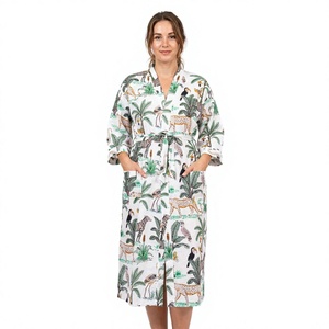Bata Kimono de Algodón con Estampado Animal para Mujer, Cuello en V, Manga Tres Cuartos, Largo hasta la Rodilla, Estilo Casual de Verano, Cierre con Cordón - Product Image 1