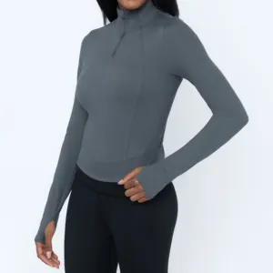 Benutzer definierte Reiß verschluss Sport jacken Damen Athletic High Neck Quick Dry Cropped Workout Jacke mit Daumen löchern