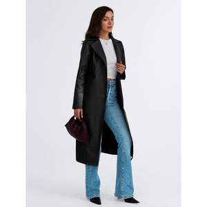 Trench-coat long en cuir de mouton pour femmes à la mode Queen Blazer ouvert sur le devant avec revers et ceinture Décoration imprimée - Product Image 2