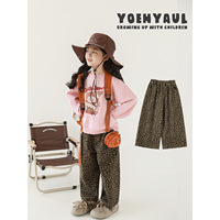 Pantalon large taille haute en coton respirant à imprimé léopard pour petites filles, style automne, tendance et confortable