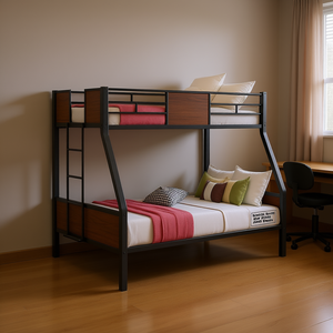 Cama Literas Doble sobre Matrimonial de Estilo Moderno en Color Marrón con Estructura de Acero y Barandilla de Seguridad, Escalera Integrada, para Dormitorios de Niños, Niñas y Adultos - Product Image 2