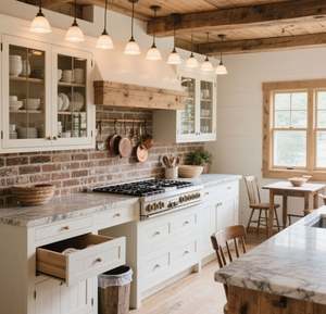 Gabinetes de Cocina Blancos Estilo Rústico SANTOPOVA con Encimera de Piedra Sinterizada y Estante para Colgar Ollas Integrado - Product Image 1