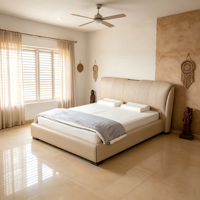 WINMAX Lit Moderne de Luxe en Cuir Véritable Rembourré, Confortable, Taille King/Queen, Cadre en Fer Modulaire Éclairé pour Maison et Hôtel