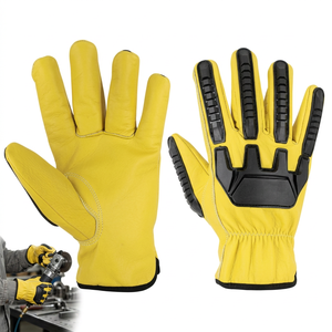 Gants de travail en cuir jaune avec paume et bouts des doigts antidérapants à motif de pneu de tracteur, manchette élastique, gants de sécurité polyvalents - Product Image 1