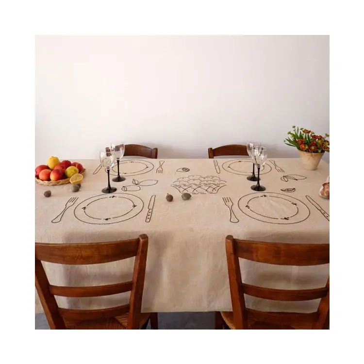 HOT Selling Wholesale Customized Embroidery 100% French Natural Flax Linen Tablecloth