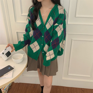 Cardigan coréen d'hiver ample pull manteau diamant <span class=keywords><strong>Plaid</strong></span> chemise à manches longues tricoté Cardigan épais femmes - Product Image 5