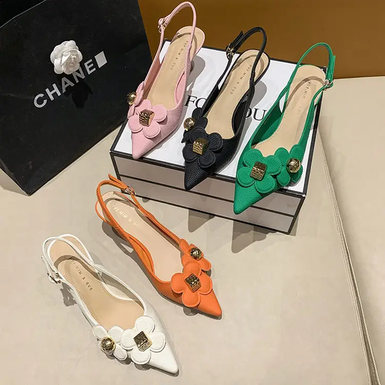 2022 New Release Women's Sexy Pumps Fine with Heels Pointed Toe Green flowers Rhinestones Slingback Sandals Dress Shoes For Ladi