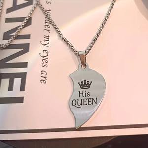 Sa reine son roi laser graver couple romantique en acier inoxydable coeur brisé pendentif boîte chaîne collier pour amoureux - Product Image 2