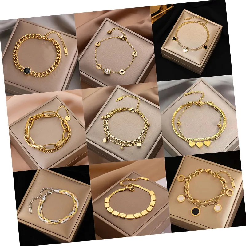 Punk Stainless Steel Double Layered Bracelet Gold Plated Thick Flat Cuban Chain Bracelet for Women Men