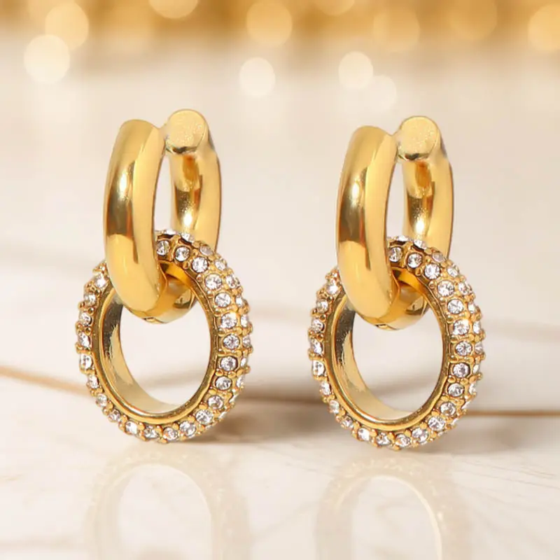 Grosir perhiasan modis trendi tanpa noda anting-anting Drop Hoop berlian imitasi lingkaran wanita Zircon tebal berlapis emas