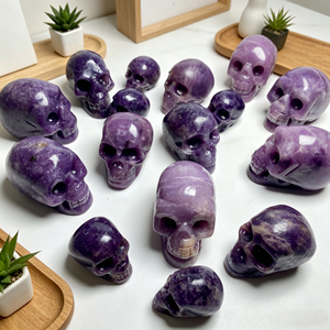 Crânes en Lépidolite Naturelle Sculptés en Gros pour Artisanat de Guérison, Ornements Feng Shui <span class=keywords><strong>et</strong></span> Décoration Intérieure - Product Image 1