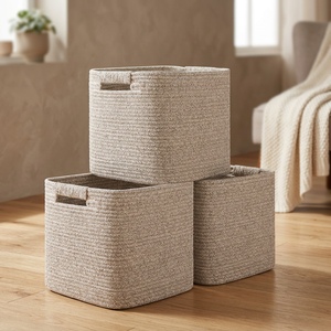 Storage <b>Baskets</b> <b>Square</b> Fabric with Handles for Neatening Multi-Purpose Use Beige Color - Product Image 3