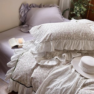 Juego de Ropa de Cama de Algodón Estilo Francés para Niñas, 4 Piezas, Estampado Floral, con Volantes, Estilo Princesa, Funda de Edredón de Algodón Puro, Sábanas para Uso Doméstico - Product Image 2