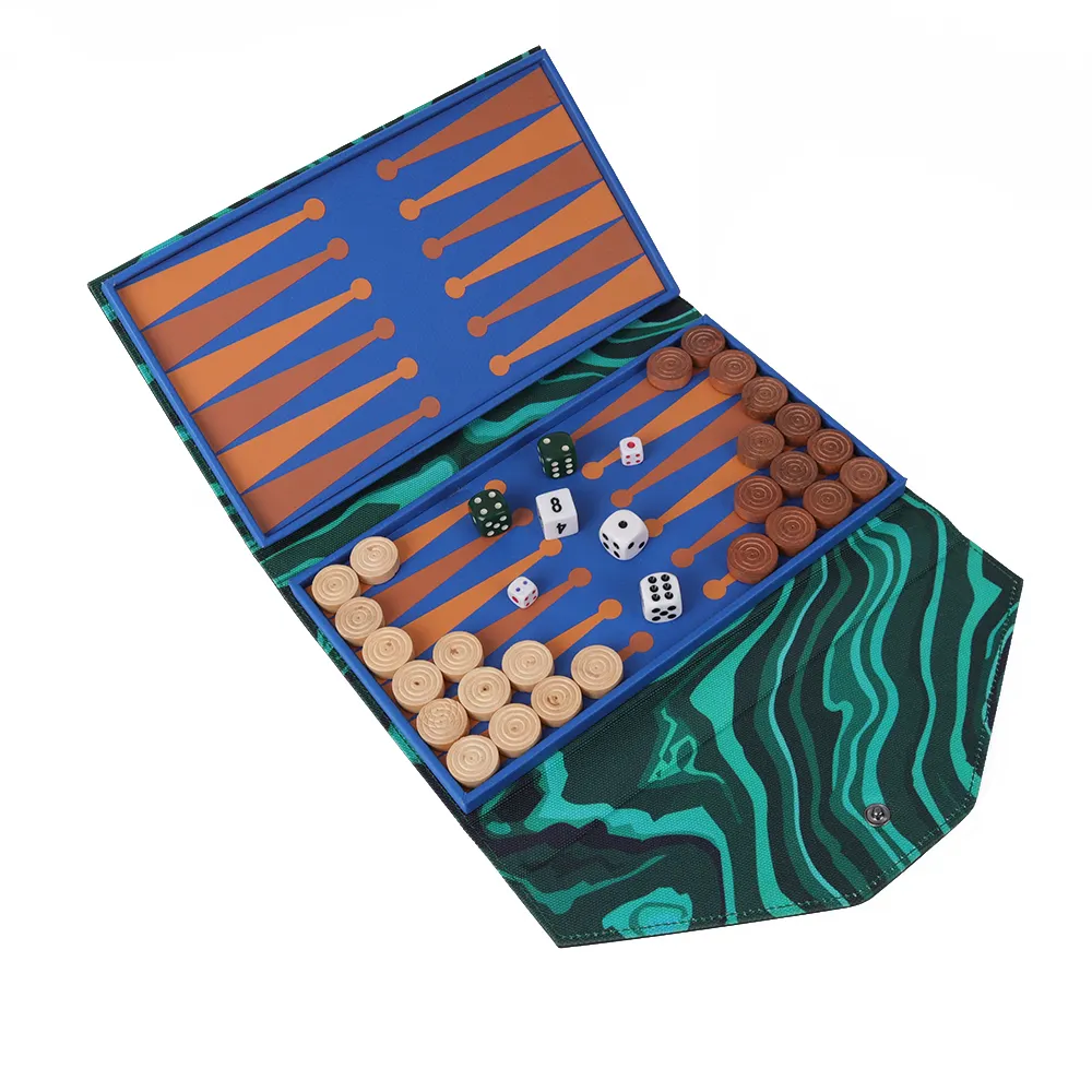 Set kayu backgammon kulit lipat Mini ukuran perjalanan kustom