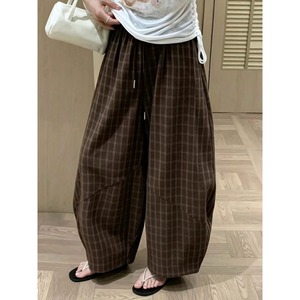 2026 Wholesale Autumn Plaid Cotton Pants High Waist Drawstring Wide Leg Balloon Jeans Baggy Vintage <strong>Trousers</strong> <strong>Women</strong> Plus Size - Product Image 3
