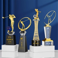 Trophée de golf personnalisé en métal gravé, trophée en verre cristal K9 avec base noire, cadeaux souvenirs sportifs en gros