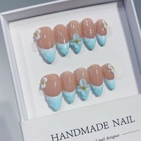 Flores Azul Verdoso en el Agua, Elegantes y Tridimensionales, con una Sensación de Frescura. Uñas Postizas Hechas a Mano