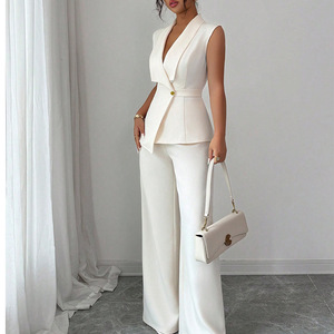 <span class=keywords><strong>Conjunto</strong></span> de Blazer Blanco sin Mangas para <span class=keywords><strong>Mujer</strong></span>, Pantalones de Pierna Ancha, Top Asimétrico con Cuello en V Elegante, Traje Formal de 2 Piezas para Oficina o Fiesta - Product Image 1