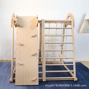 Wooden Climbing <b>Frame</b> Indoor Play Set With Slide And <b>Swing</b> For Kids Unisex Natural Wood Color Geometric Shape KHG-6 - Product Image 2