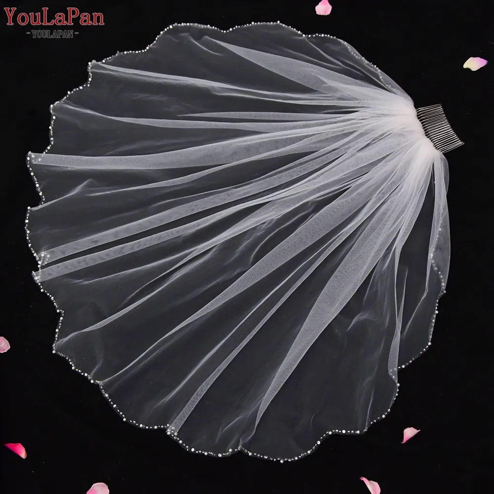 YouLaPan V33 Fashion Ruffles Crystal Beads Border Veil White Ivory Single Layer Customizable Wedding Bridal Veil