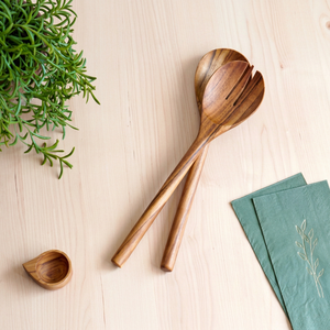 Wooden Salad Serving <b>Set</b> 2 Pieces Spoons Natural Wood Utensils Food Safe Hand <b>Wash</b> Only - Product Image 1