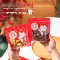 Sac cadeau en PET de qualité alimentaire auto-scellant avec fermeture éclair, motif Chat de la Richesse et Flocon de Neige, pour le Nouvel An, pour gelée, nougat, gâteau, bonbons, biscuits